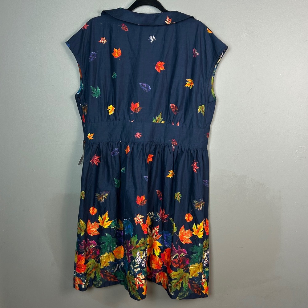 ModCloth Navy Dress with Red Orange Yellow Leaf Print - Picture 4 of 10